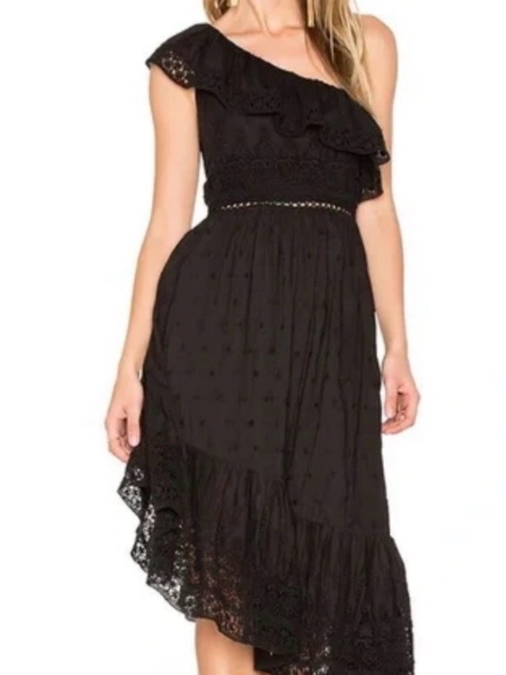 Love shack fancy One-Shoulder Black Lace Midi Dress